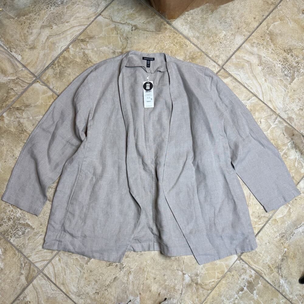 NWT Eileen Fisher Linen Cardigan High Collar Jacket 1X Beige Open Front Casual